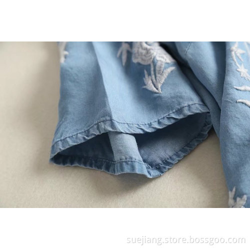 Short Sleeve Ethnic Floral Embroidered Cotton Blouses
